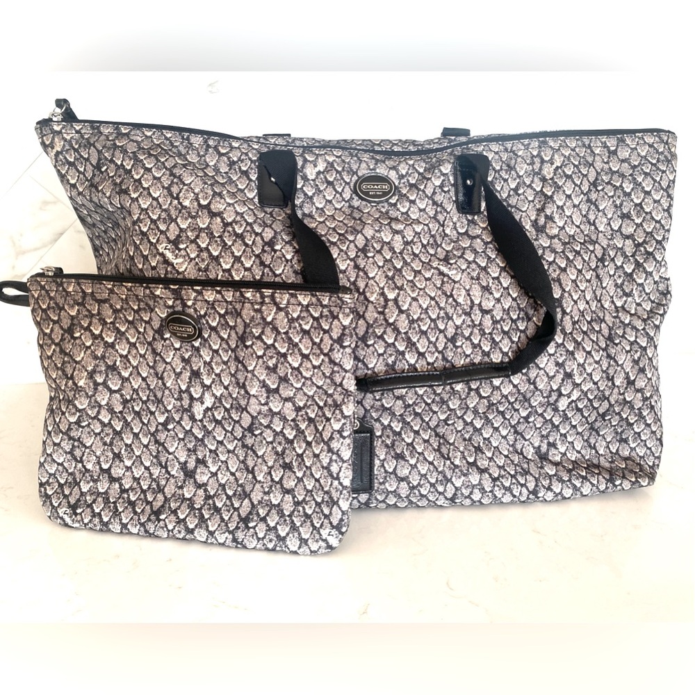 Coach Snake Print Weekender Packable Tote and Large Pouch Set in Gunmetal